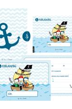 12 Einladungskarten Geburtstag Junge (Piraten). Handgemachte Geburtstag Einladungskarten zum Kindergeburtstag incl. 12 liebevollen Hand designten Briefumschlägen. Verpackt in einer wundervollen hochwertigen Karton Box. By Lisa Wirth af Lisa Wirth
